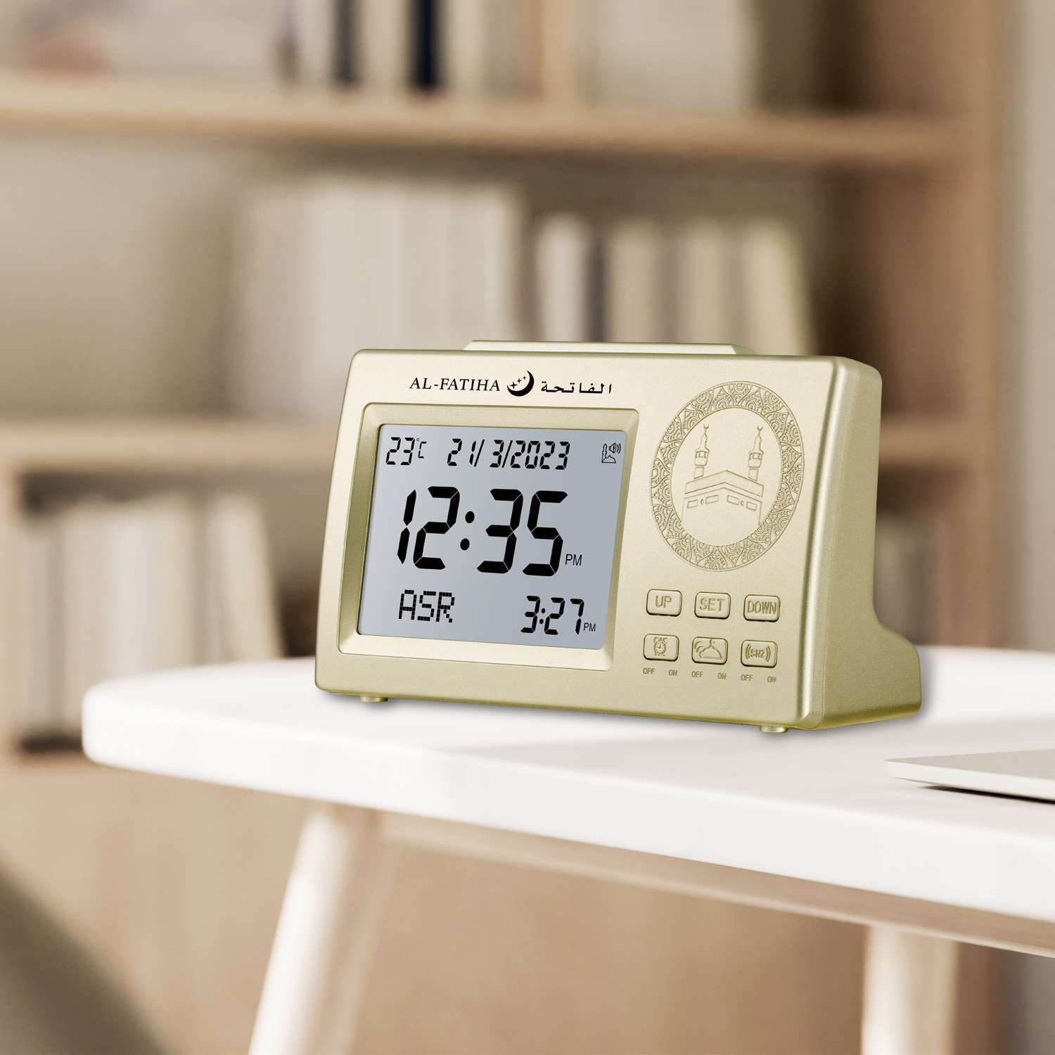 106 Gold White Screen Table Digital Islamic Azan Table Clock - Image 3